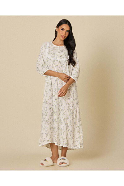 REDTAG Women Ivory Floral Print Nightgown With Neck Detailing