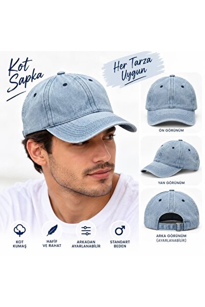 Mutkin Erkek Kot Şapka Ayarlanabilir Metal Tokalı Eskitme Denim Kep Günlük Sp...