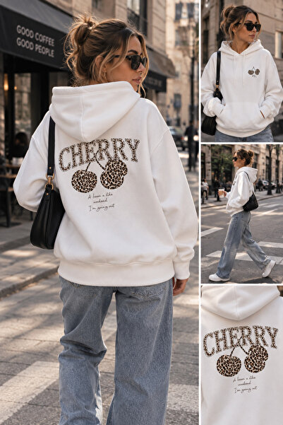 Harmandar Leopar Cherry Beyaz Kanguru Cepli Kapüşonlu Sweatshirt Hoodie