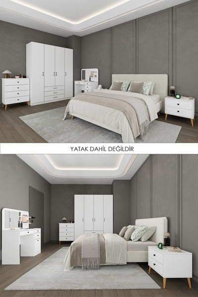asratrend Yatak Odası Takımı 5 Parça %100 MDF Gardırop Şifonyer Makyaj Masası...