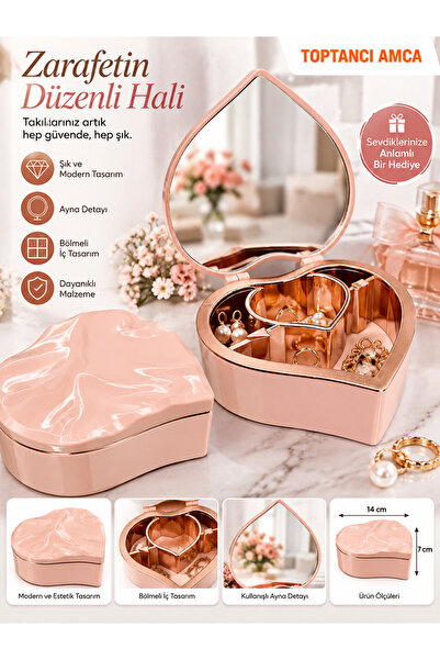 Toptancı Amca Heart-Shaped Mirrored Jewelry and Jewelery Box Pink Compartment...