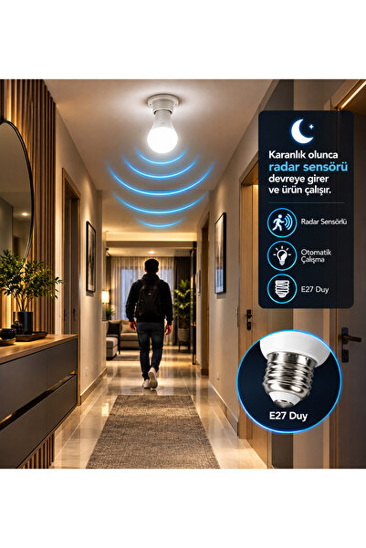 kialed 15W Radar Sensörlü LED Ampul E27 Duy Beyaz Işık Hareket Sensörlü Otomatik Yanan Ampul