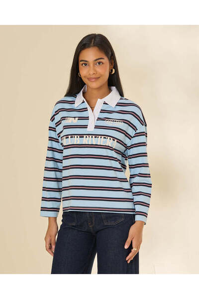 REDTAG Woman Blue Striped Polo T-Shirt
