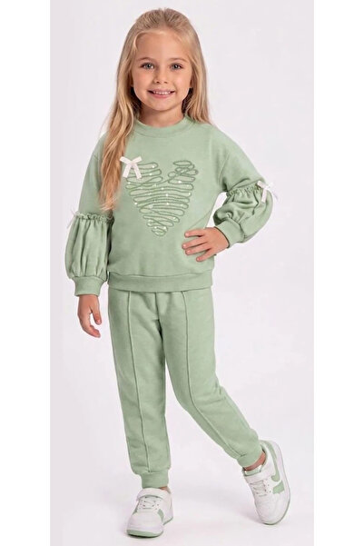 İrem Çocuk Giyim Girl's Heart Embroidered Sleeves, Ribbon Detailed, Green Col...