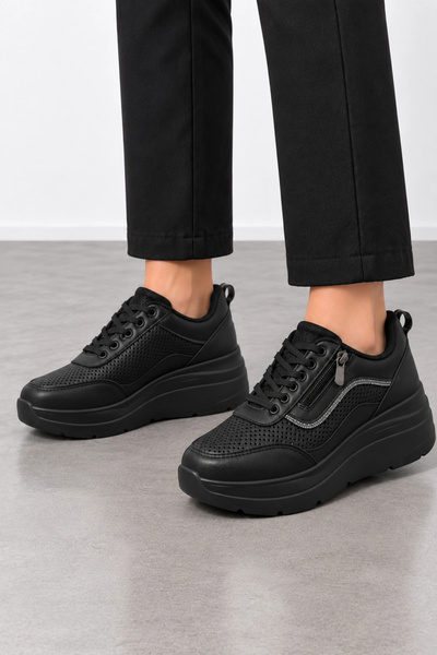 HT HOTİN Beny Women's Zipper Detailed Wedge Sole Casual Shoes - Black