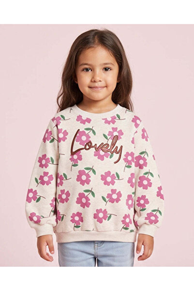 REDTAG Girls White Floral Printed Crew Neck Sweatshirt
