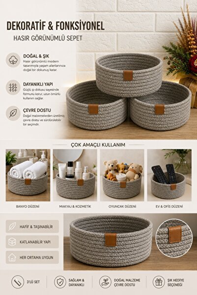 SİMEREV HALI HOME CONSEPT 3 Lü Sepet El Dokuma Sunum Organizer Yuvarlak Jüt H...