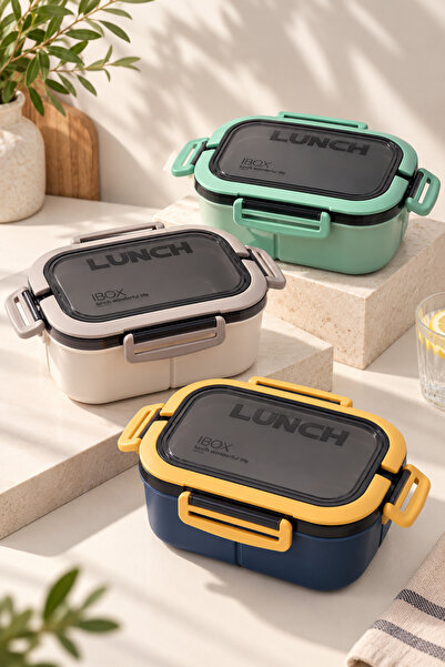 BEYZANA 6 Bölmeli Lunch Box Saklama Kabı Kilitli Kapaklı Çatal Kaşık Bıçak Se...