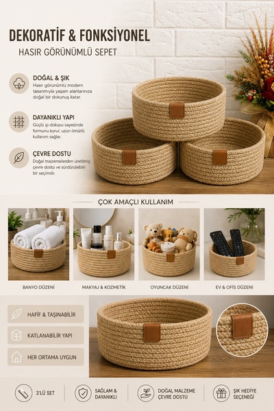 SİMEREV HALI HOME CONSEPT 3 Lü Sepet El Dokuma Sunum Organizer Yuvarlak Jüt H...