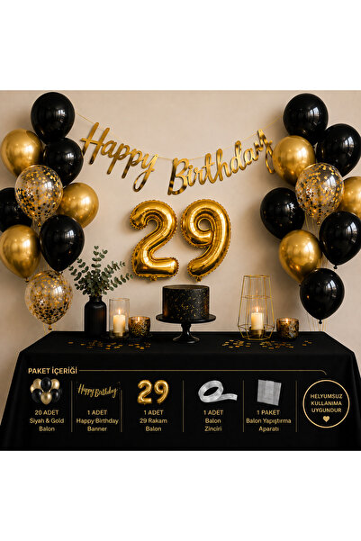 29 Yaş Doğum Günü Süsleme Seti Siyah Gold Balon Seti Happy Birthday Banner Rakam Balonu