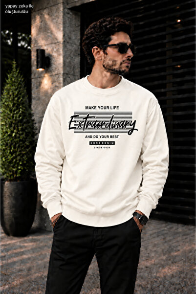 caddekombin Men's Extraordinary Typographic and Striped Typography Printed Cr...
