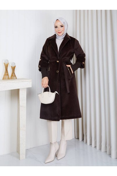 KMKkombin Fox Fabric Button Detail Double-Breasted Collar Soft Textured Women's Long Tunic Coat
