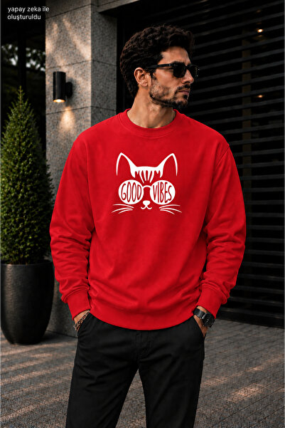 caddekombin Men's Printed Crew Neck Casual Regular Fit Sweatshirt with Cat Il...