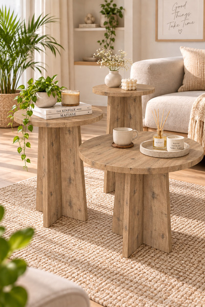 Ecowood Iskandinav Mantar Sehpa 3 Lü Zigon Sehpa Takımı Yan Orta Sehpa