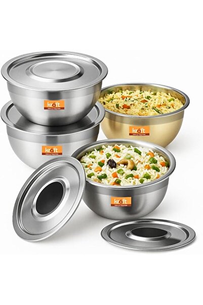 Vinod By Styli Vinod Kraft Stainless Steel Serving Bowl with Lid Set of 4 pcs...