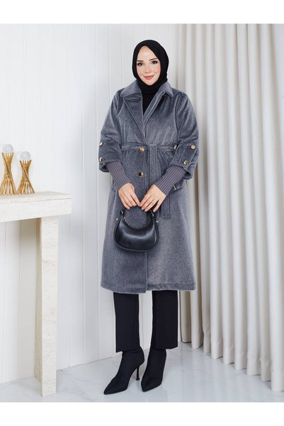 KMKkombin Fox Fabric Button Detail Double-Breasted Collar Soft Textured Women's Long Tunic Coat