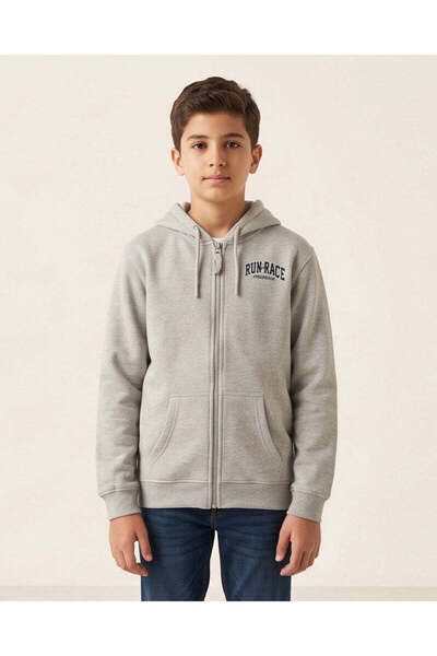 REDTAG Senior Boys Grey Printed Full Zip Hooded Sweatshirt