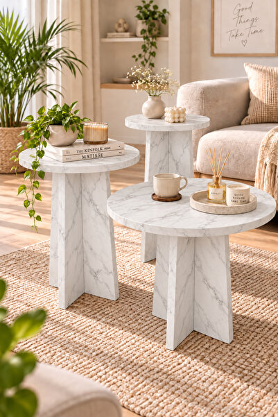 Ecowood Iskandinav Mantar Sehpa 3 Lü Zigon Sehpa Takımı Yan Orta Sehpa
