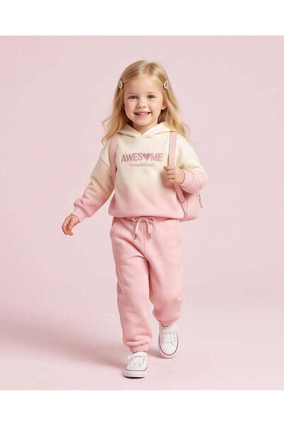 REDTAG Girls Ivory Ombre Placement Print Hooded Jogging Set