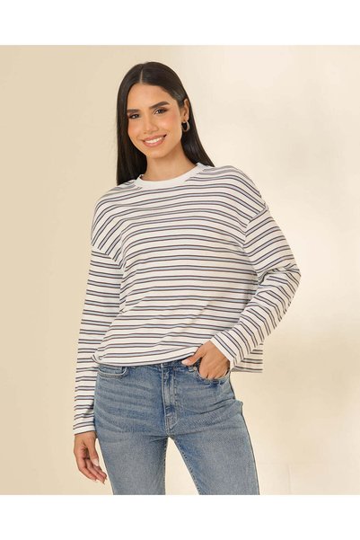 REDTAG Women Grey And White Striped Long Sleeve T Shirt