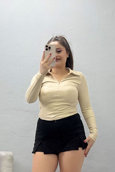 BELENDİR Women's Polo Collar Zippered Long Sleeve Blouse Beige