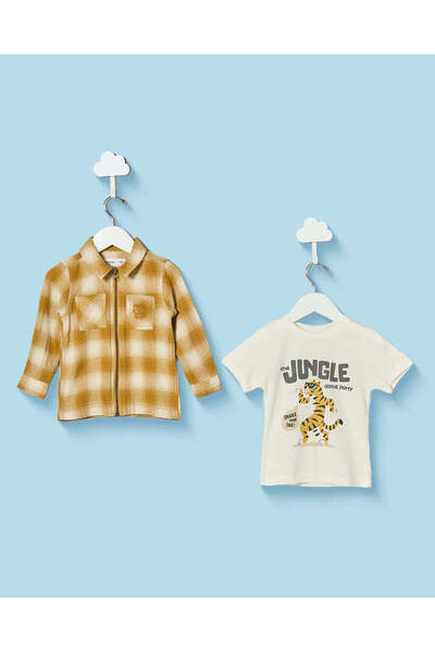 REDTAG Infant Boys Yellow Checked Shirt With White Printed T-Shirt