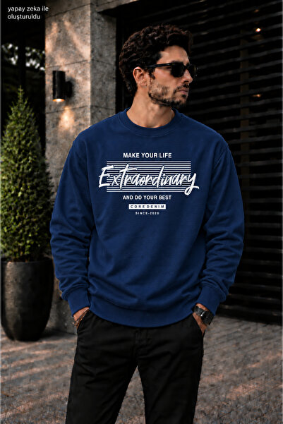 caddekombin Men's Extraordinary Typographic and Striped Typography Printed Cr...