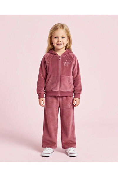 REDTAG Girls Burgundy Embroidered Velour Hooded Jogger Set