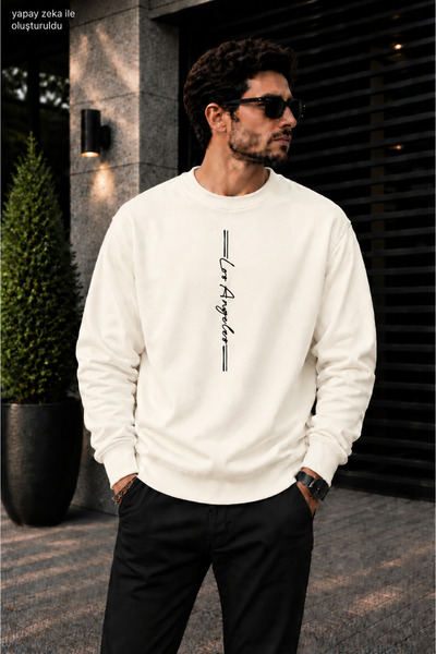 caddekombin Men's Vertical Los Angeles Typographic Lettering Crew Neck Casual...