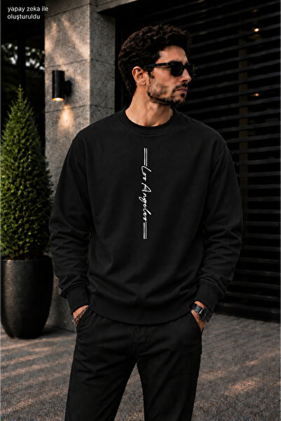caddekombin Men's Vertical Los Angeles Typographic Lettering Crew Neck Casual...