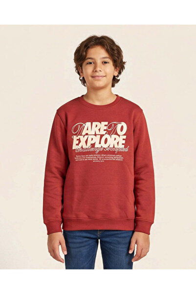 REDTAG Senior Boys Red Explore Graphic Crew Neck Sweatshirt