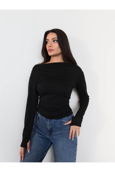ESRAHELVACI Kayık Yaka Bel Büzgülü Bluz