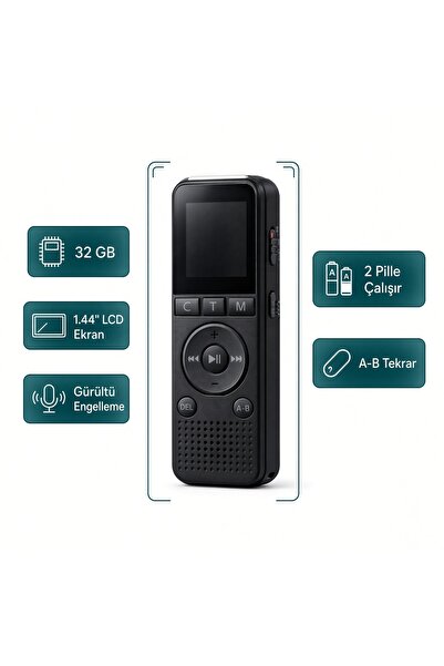 Pille Çalışan Profesyonel Ses Kayıt Cihazı ,1.4inc Ekranlı Gürültü Engelleme.32 Gb