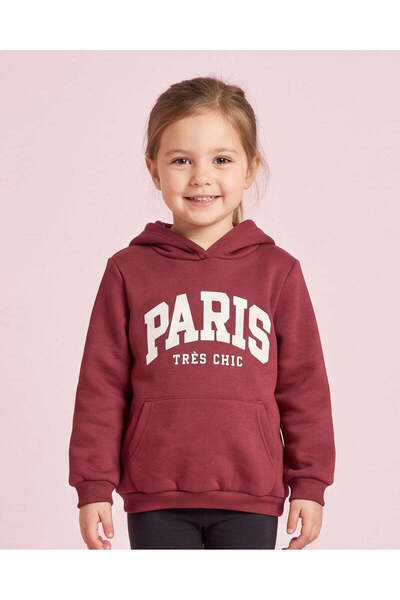 REDTAG Girls Burgundy Printed Hooded Sweatshirt