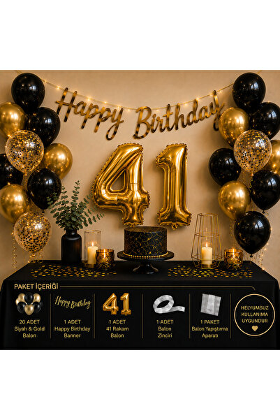 41 Yaş Doğum Günü Süsleme Seti Siyah Gold Balon Seti Happy Birthday Banner Rakam Balonu