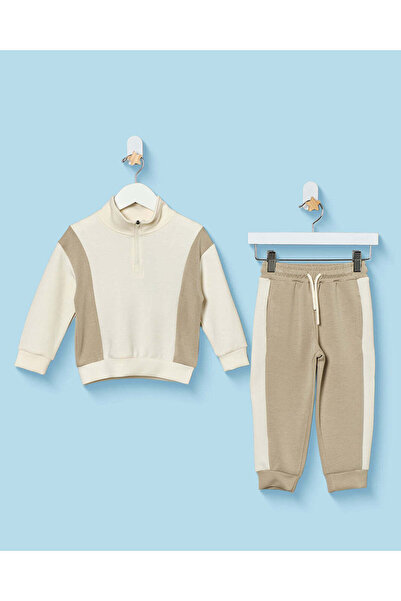 REDTAG Infant Boys Beige Hlaf Zip Jogsuit