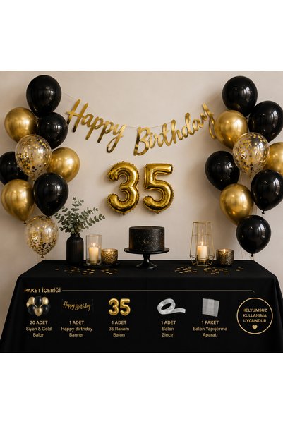 BOXLAND 35 Yaş Doğum Günü Süsleme Seti Siyah Gold Balon Seti Happy Birthday B...