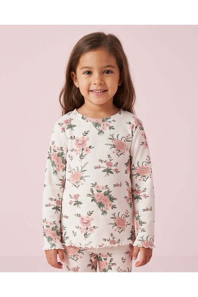 REDTAG Girls White Floral Printed Rib T-Shirt