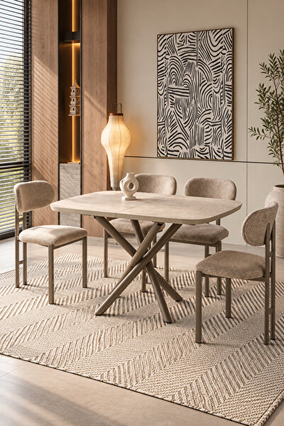 Lisso Home Defne Yemek Masası 80x130(+30), H: 78 cm Traverten Tabla-İtalyan M...