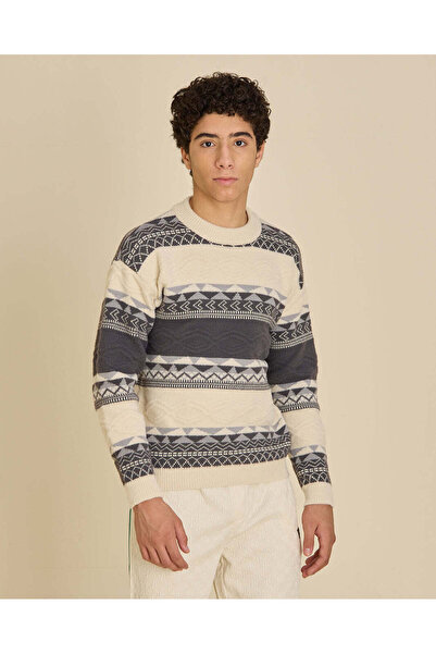 REDTAG Senior Boys Grey Striped Crew Neck Pullover