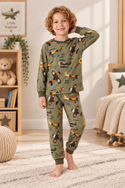 bunny hopp Boy's Long Sleeve Pajama Set 100% Cotton Vintage Airplane Pattern Combed Cotton