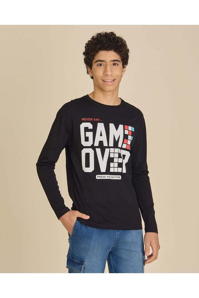 REDTAG Senior Boys Black Printed Long Sleeve Graphic T-Shirt