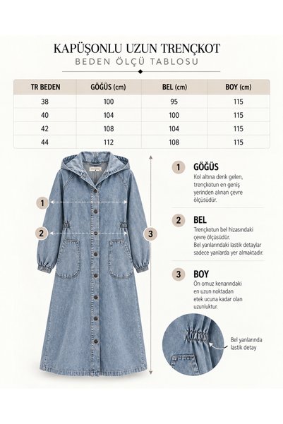 Boutique Juji BOHEM TASARIM İŞLEMELİ KAPÜŞONLU DENİM MAVİ TRENÇKOT