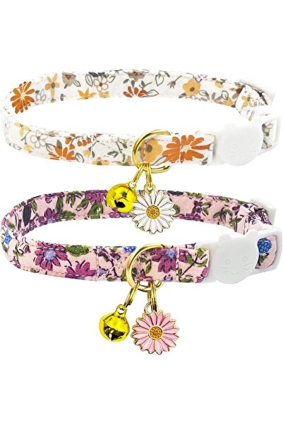 TERRIFI 2 Pack Cotton Breakaway Cat Collars Set with Bell and Flower Pendant,...