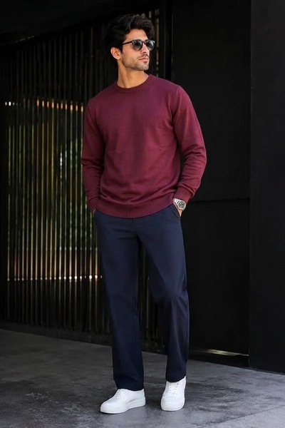DAMGA JEANS سترة تريكو رجالية سميكة يومية باللون العنابي الأساسي