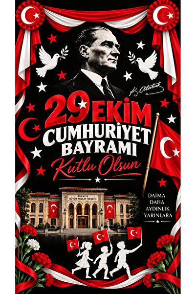 150x200 cm, 29 Ekim Cumhuriyet Bayramı Kutlu Olsun, Okul Etkinlik Kumaş Fon
