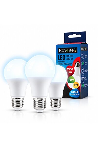 NOVELITE Σετ 3 λαμπτήρων LED A60, 15W, E27, 1350 lm, 6400K Ψυχρό Λευκό Φως, 2...