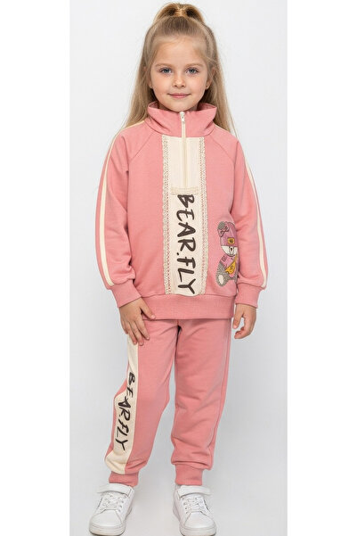 İrem Çocuk Giyim Girl's Bearfly Written Teddy Bear Patterned Half Zipper Mode...
