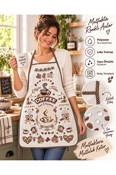 GLOMAR Coffee Desenli Mutfak Önlüğü Leke Tutmaz Sıvı Geçirmez Temizlenebilir ...