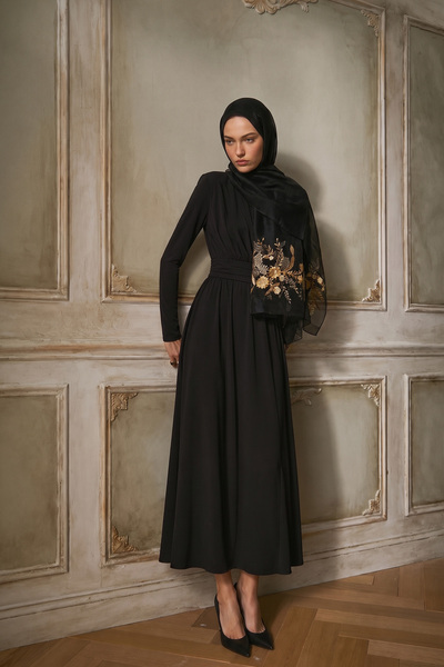 ARMANDA Silk Aster Pattern Shawl - Black